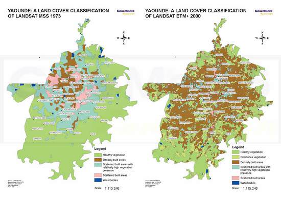 Landbedeckungs- und Landnutzungsklassifikation von Yaoundé 1973 und 2002